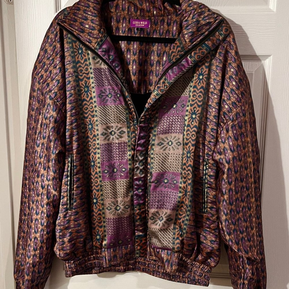 Luna Wild Festival Bomber Jacket from Upcycled Indian Sari, Medium-Brand New